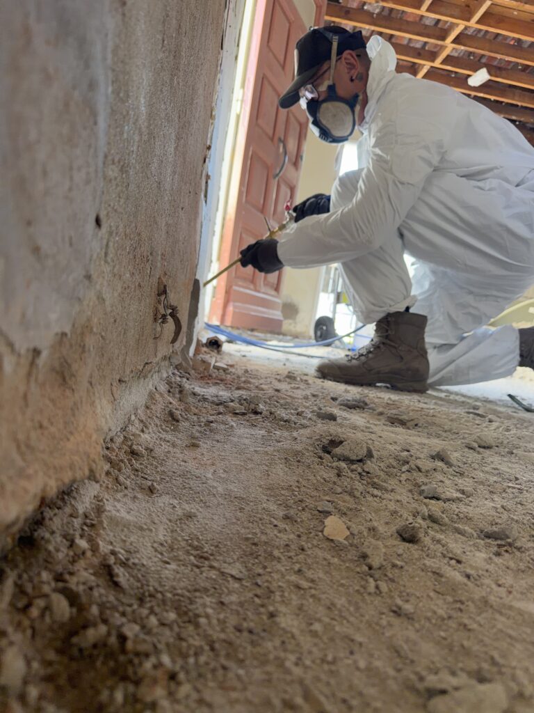 Technicien réalisant l’injection anti-termites dans un mur à Bordeaux
